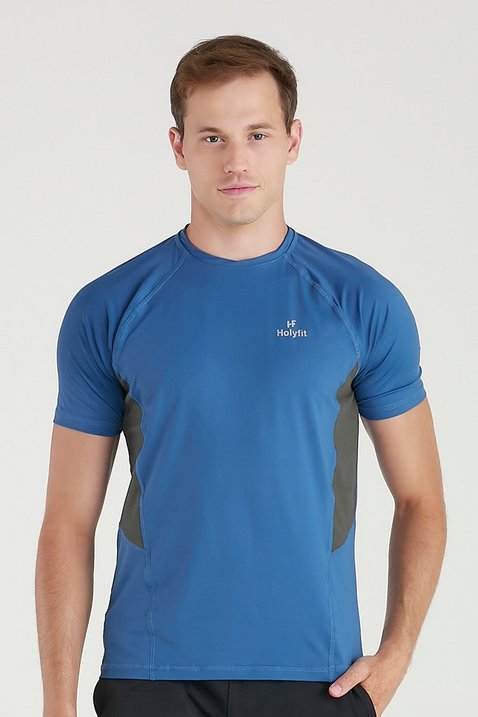 camiseta fitness masculina azul com protecao uv50 detalhe cinza poliamida holyfit 3